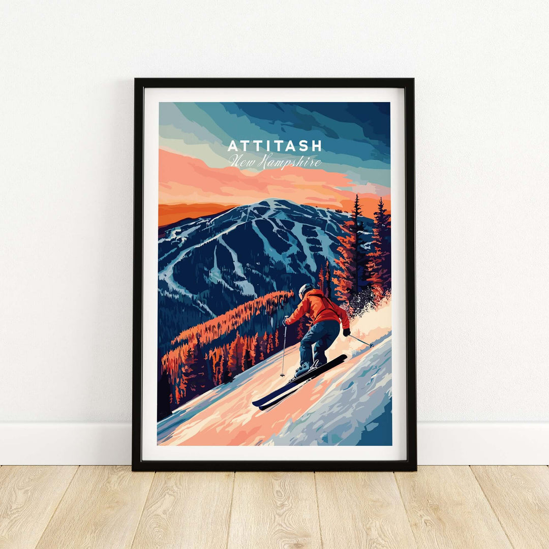 Attitash Ski Wall Art showcasing a skier on a mountain landscape, perfect for outdoor enthusiasts' home decor.