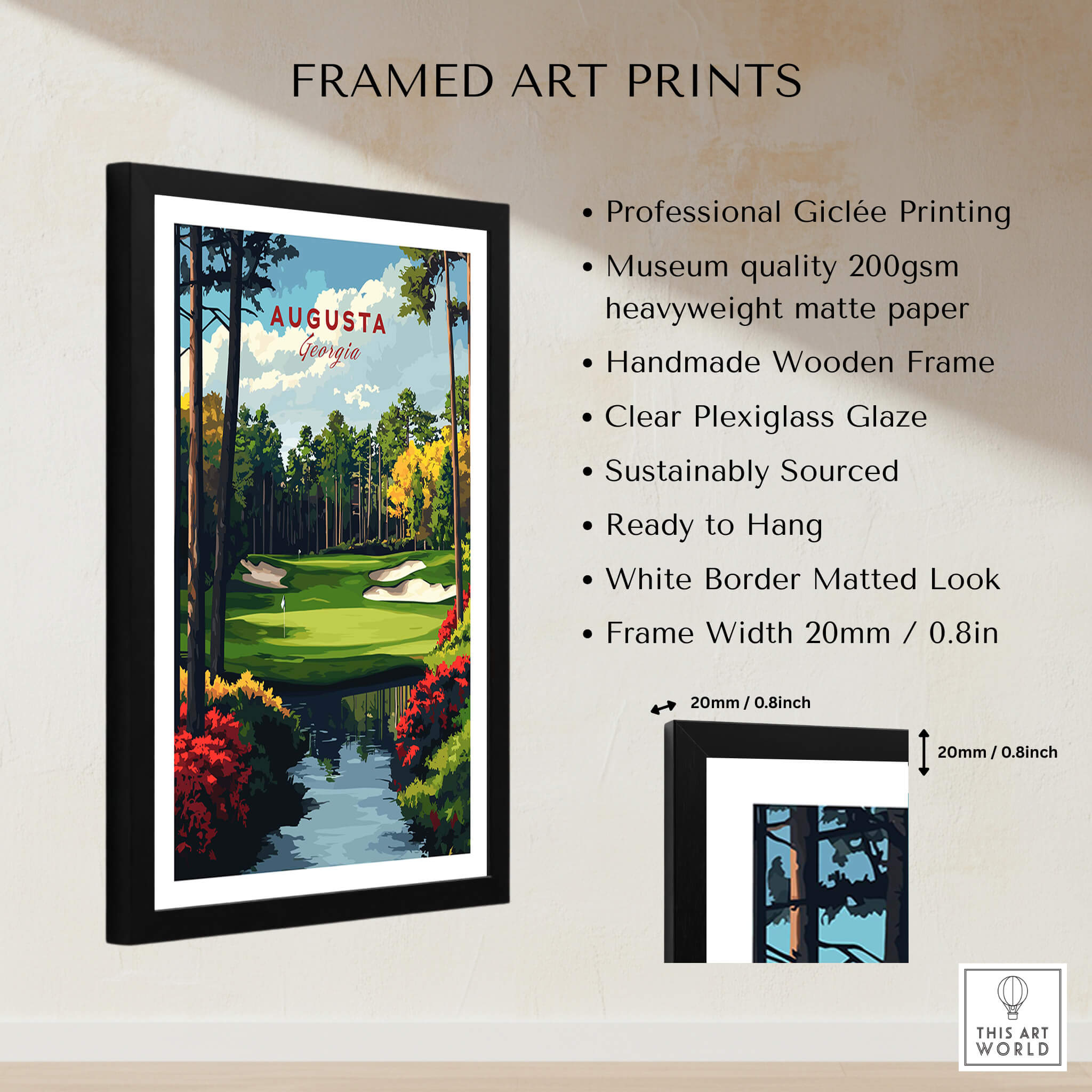 Augusta Georgia Golf Course Art Print - Iconic Golf Links Wall Decor featuring a framed giclée print and vibrant landscape.