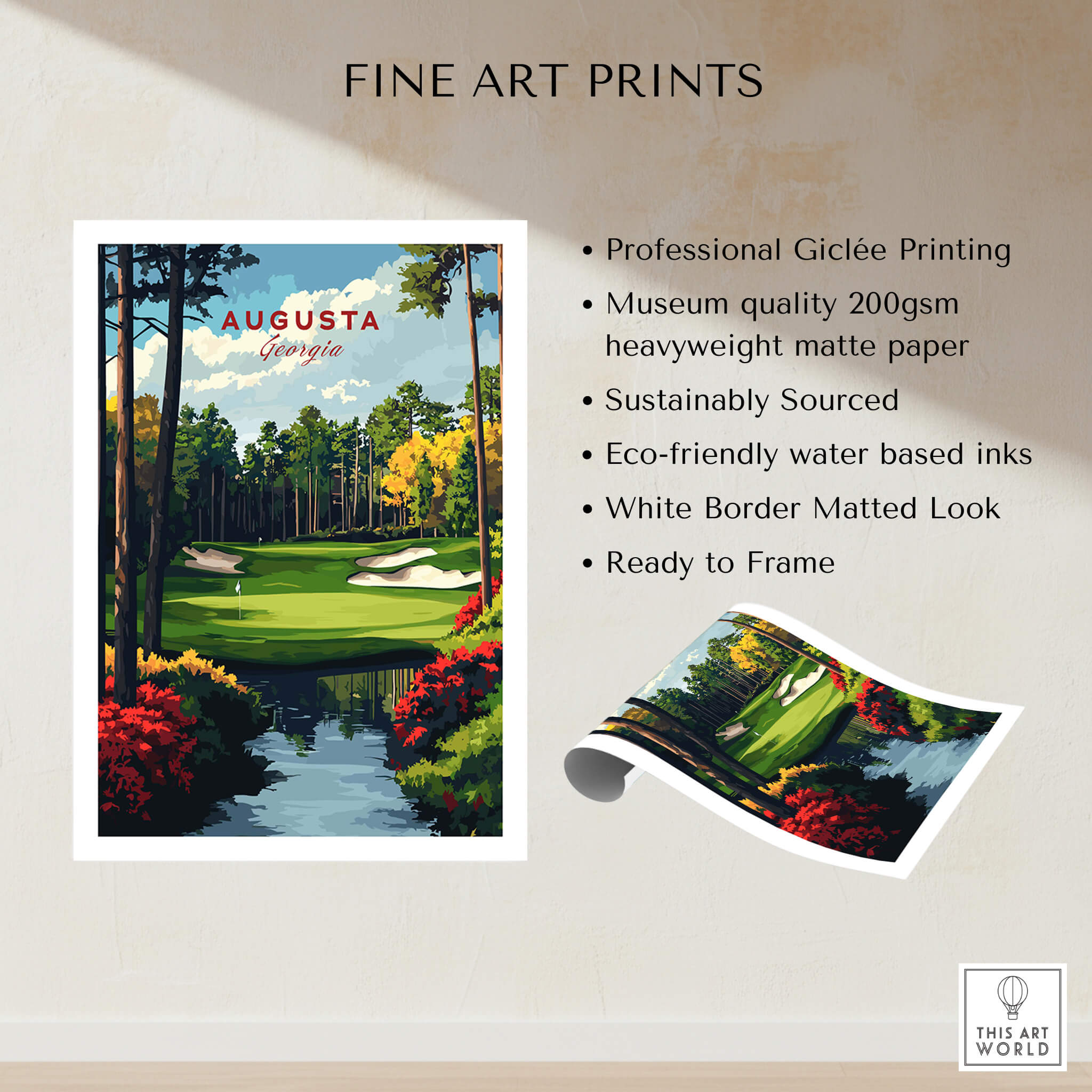 Augusta Georgia Golf Course Art Print - Iconic Golf Links Wall Decor featuring vibrant golf landscape design.