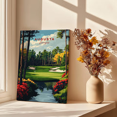 Augusta Georgia Golf Course Art Print - Iconic Golf Links Wall Decor displayed by a window with flowers.