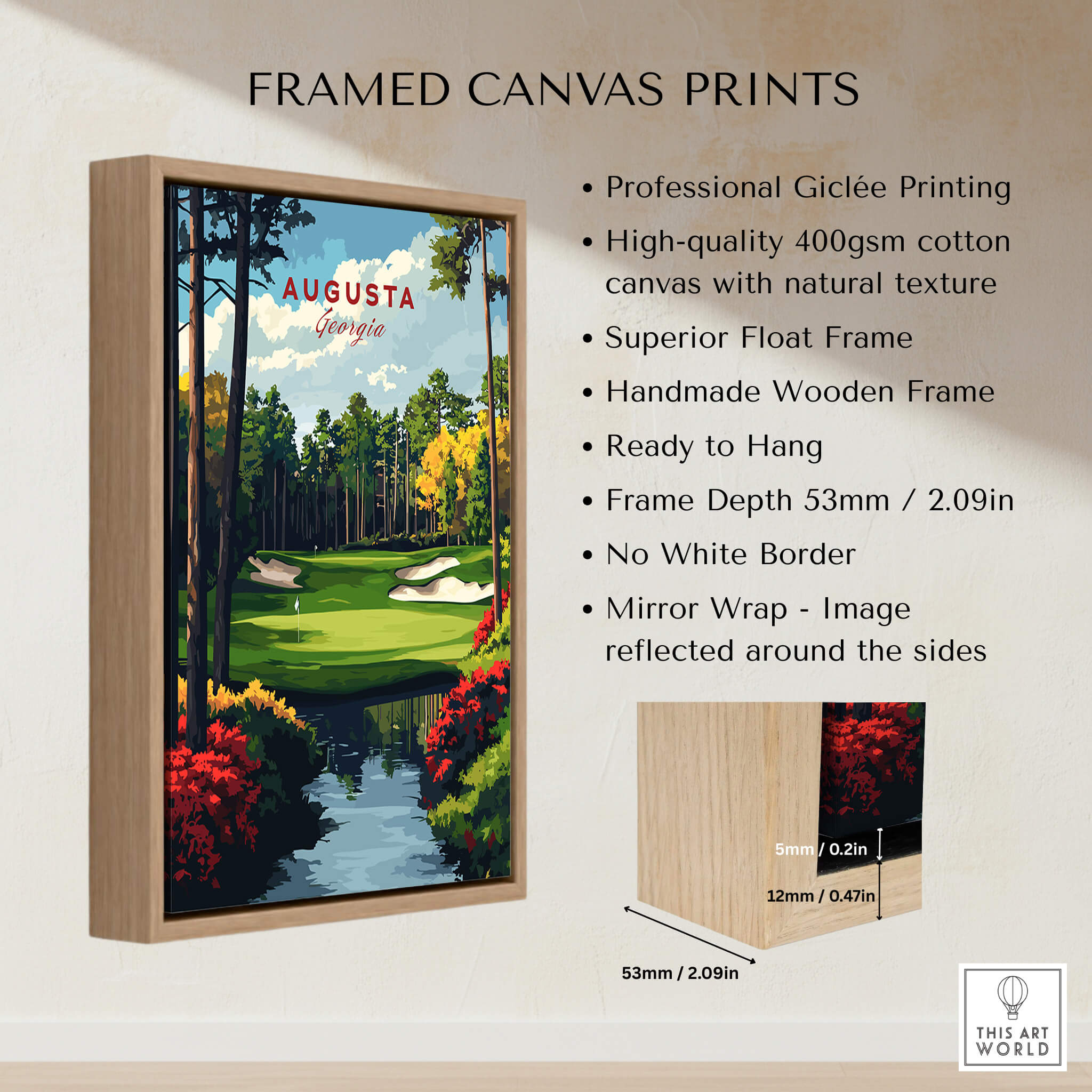 Augusta Georgia Golf Course Art Print - Iconic Golf Links Wall Decor featuring premium Giclée printing and wooden frame.