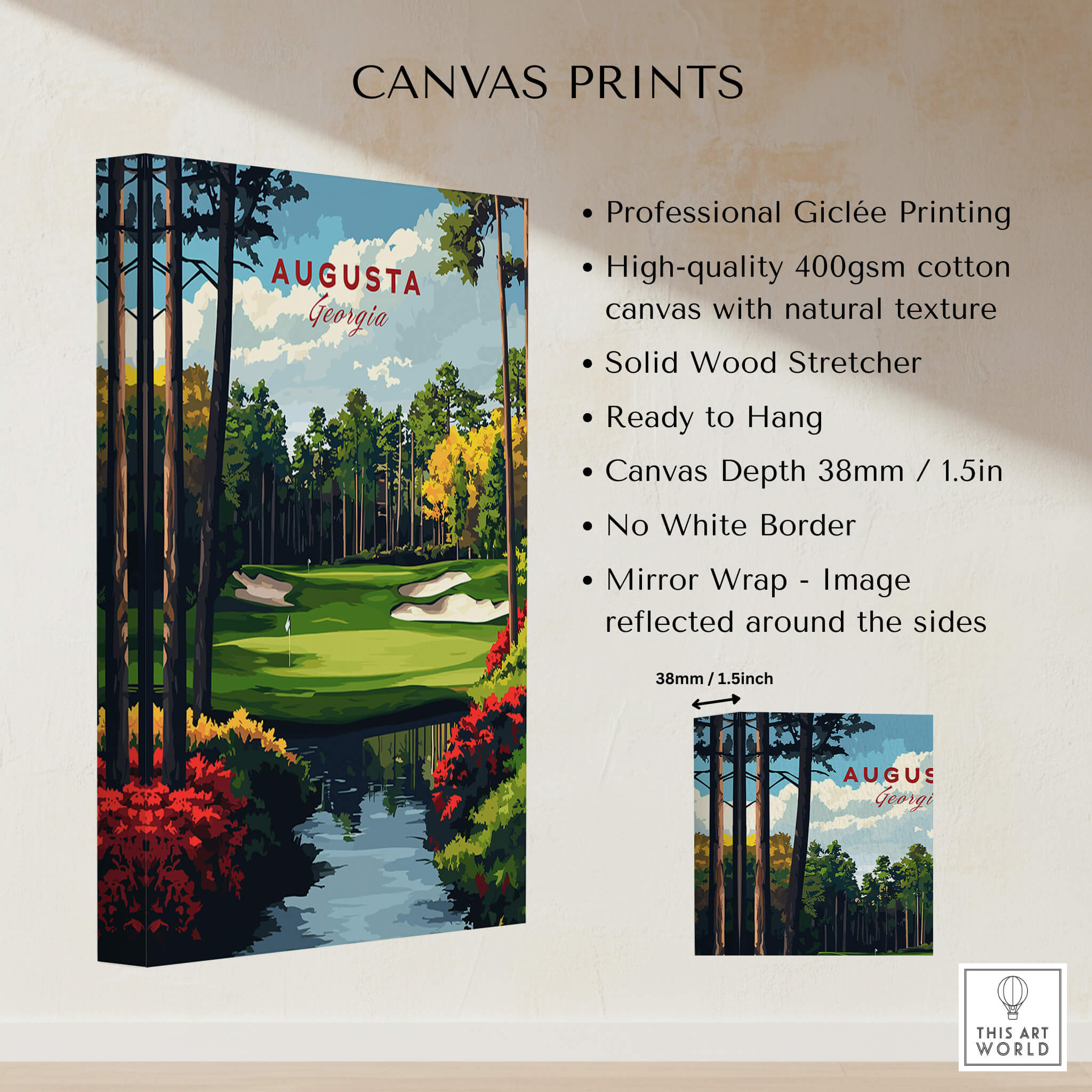 Augusta Georgia Golf Course Art Print - Iconic Golf Links Wall Decor showcasing high-quality canvas with vibrant golf scenery.