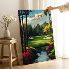 Augusta Georgia Golf Course Art Print - Iconic Golf Links Wall Decor displayed in a stylish room with floral accents.