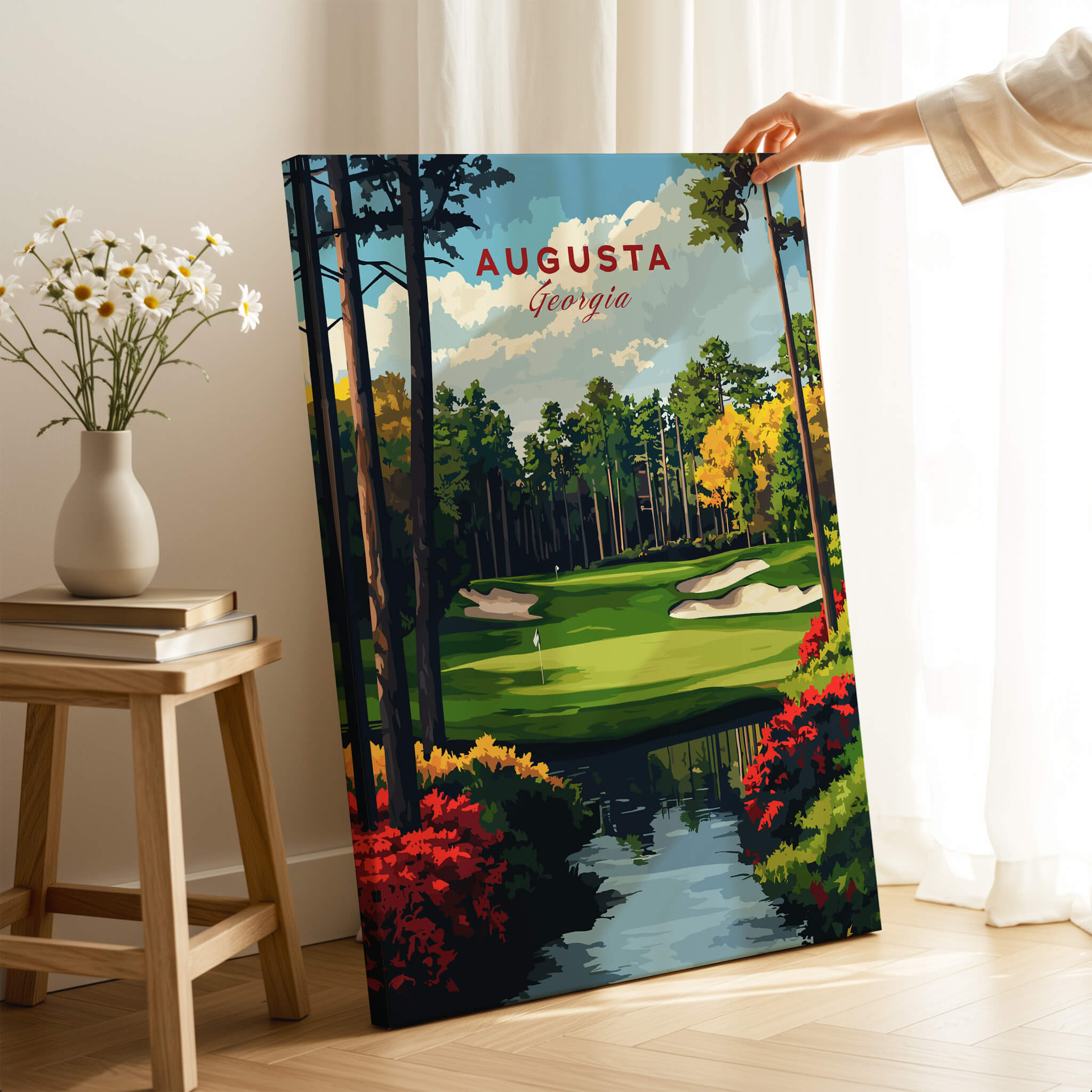 Augusta Georgia Golf Course Art Print - Iconic Golf Links Wall Decor displayed in a stylish room with floral accents.