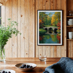 Augusta Georgia Rae's Creek Golf Print - Iconic Hogan Bridge Poster displayed in a cozy dining area.
