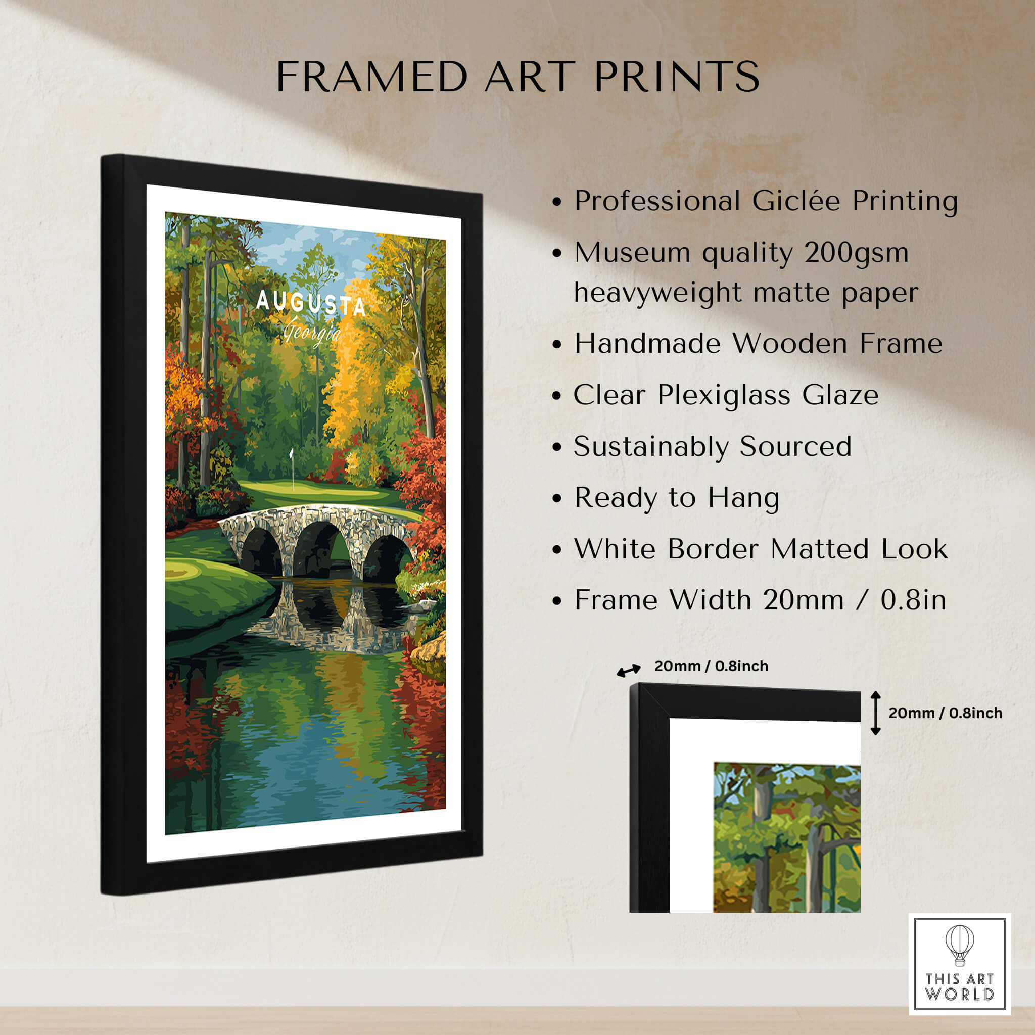 Augusta Georgia Rae's Creek Golf Print - Iconic Hogan Bridge Poster displayed in a handmade wooden frame.