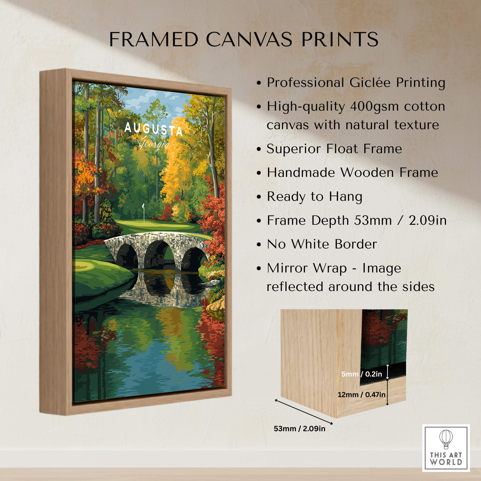 Augusta Georgia Rae's Creek Golf Print - Iconic Hogan Bridge Poster showcasing framed canvas print details.
