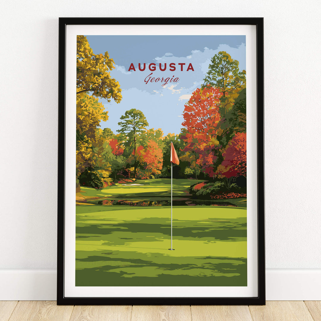 Augusta Golf Print - Georgia Golf Course Wall Art featuring lush greens and colorful trees in a framed design.