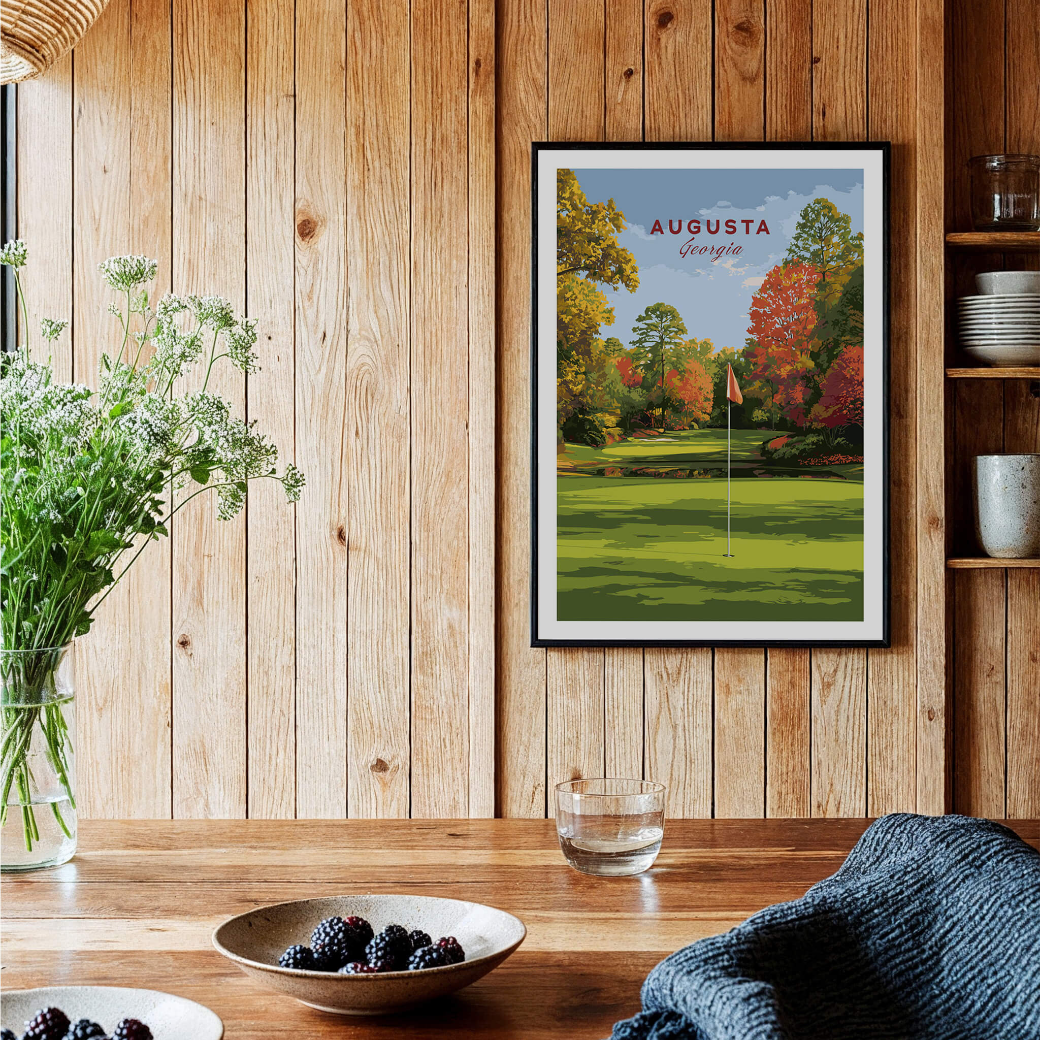 Augusta Golf Print - Georgia Golf Course Wall Art featuring a lush green course and colorful trees.