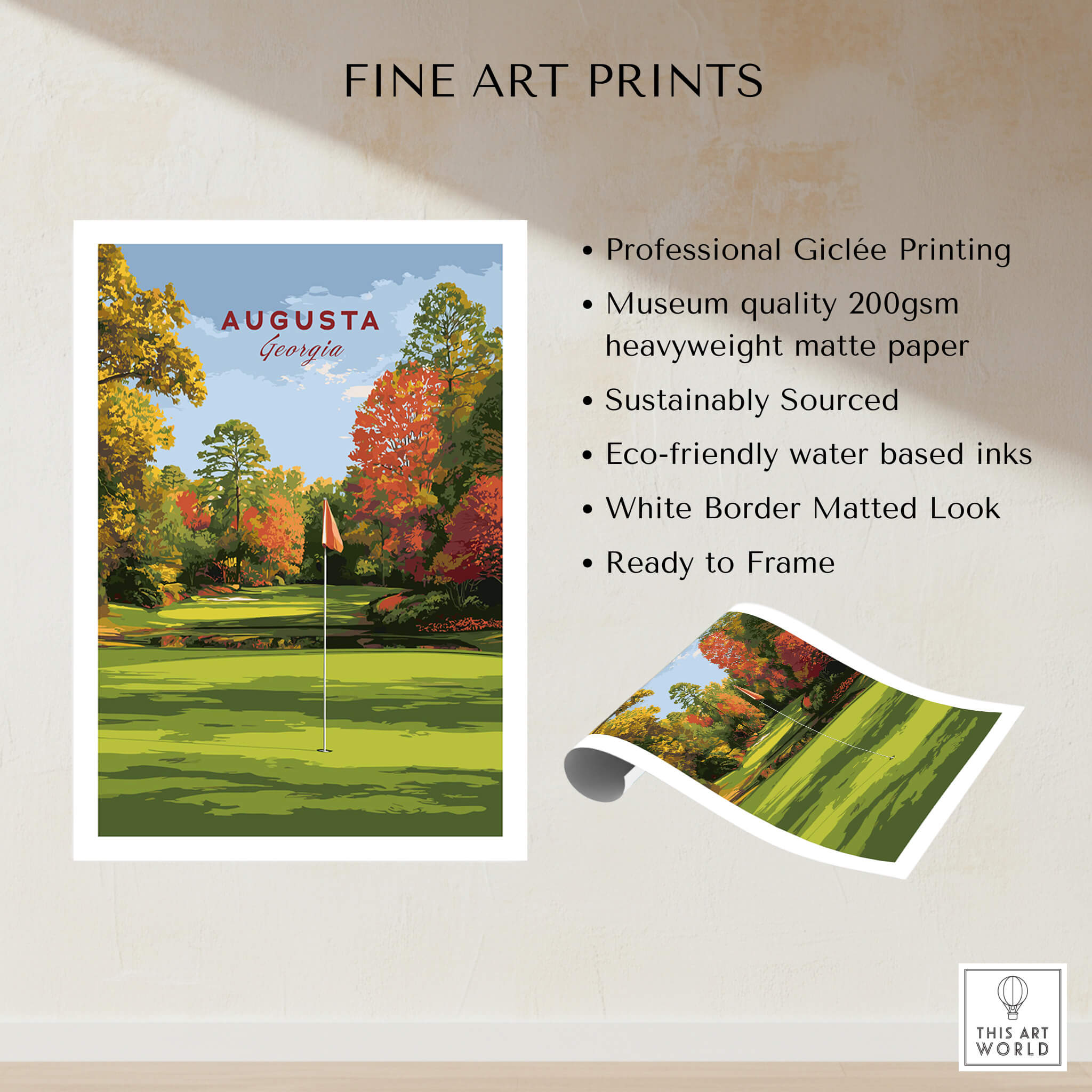 Augusta Golf Print - Georgia Golf Course Wall Art showing lush fairways and beautiful azaleas in vibrant colors.