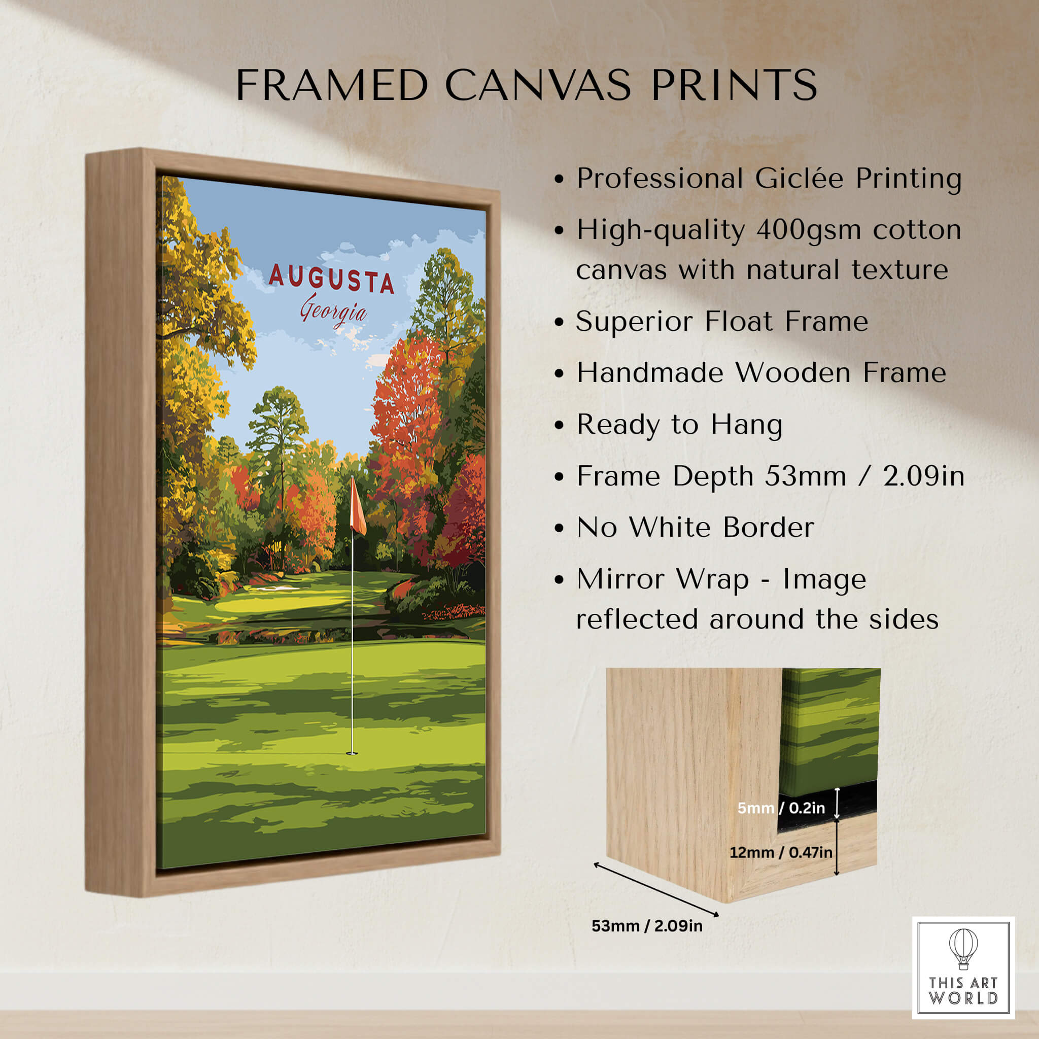 Augusta Golf Print - Georgia Golf Course Wall Art framed canvas print featuring lush fairways and autumn trees.