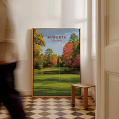 Augusta Golf Print - Georgia Golf Course Wall Art showcasing a beautiful golf course scene with autumn colors and a flag.