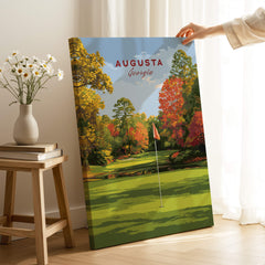 Augusta Golf Print - Georgia Golf Course Wall Art featuring lush fairways and vibrant azaleas in a home setting.