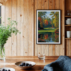 Augusta National Golf Poster - The Masters Golf Wall Art framed in a cozy kitchen setting with plants and table decor.