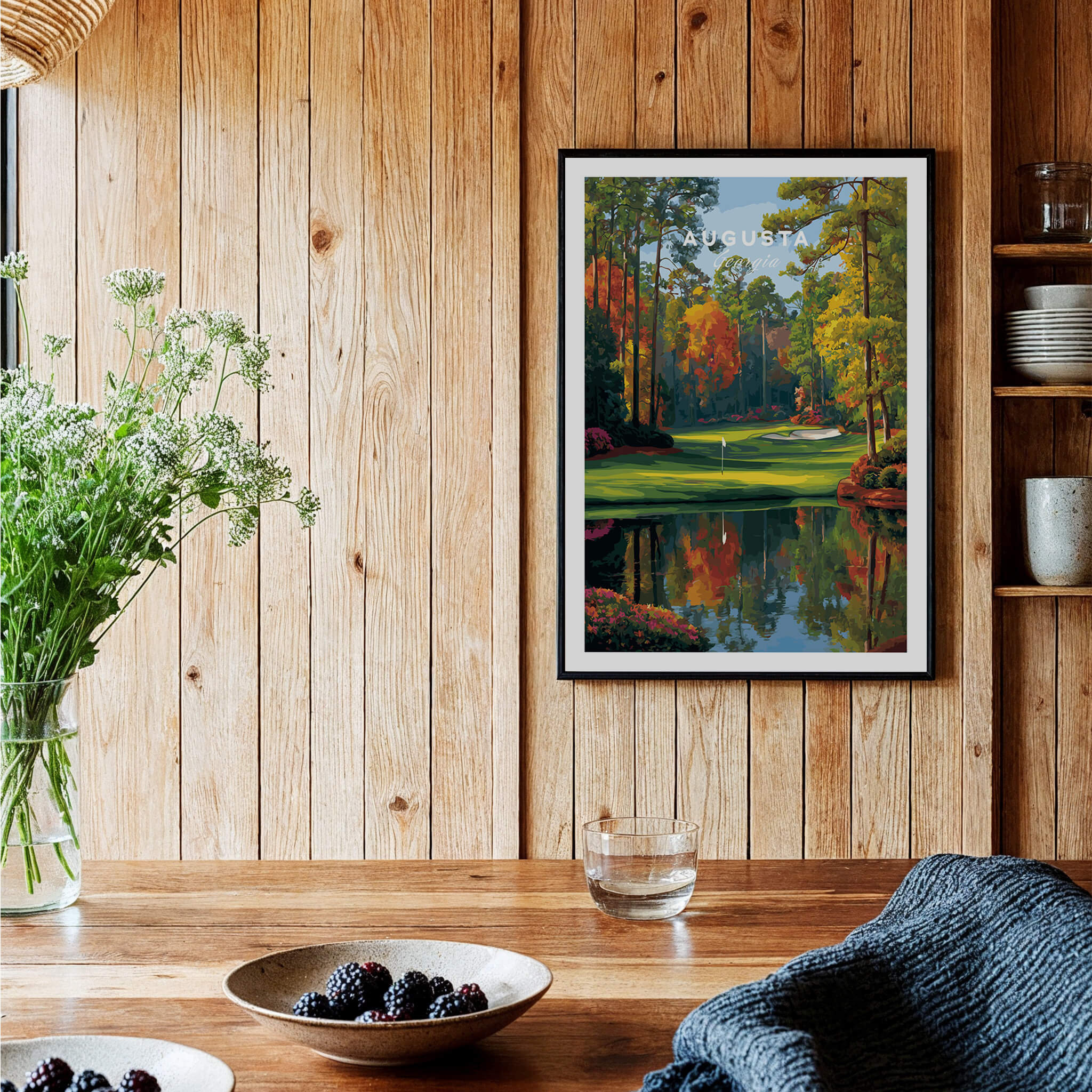 Augusta National Golf Poster - The Masters Golf Wall Art framed in a cozy kitchen setting with plants and table decor.