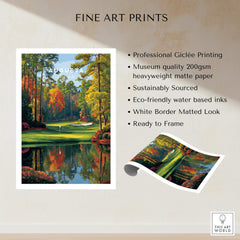 Augusta National Golf Poster - The Masters Golf Wall Art featuring lush green course and serene water reflection.