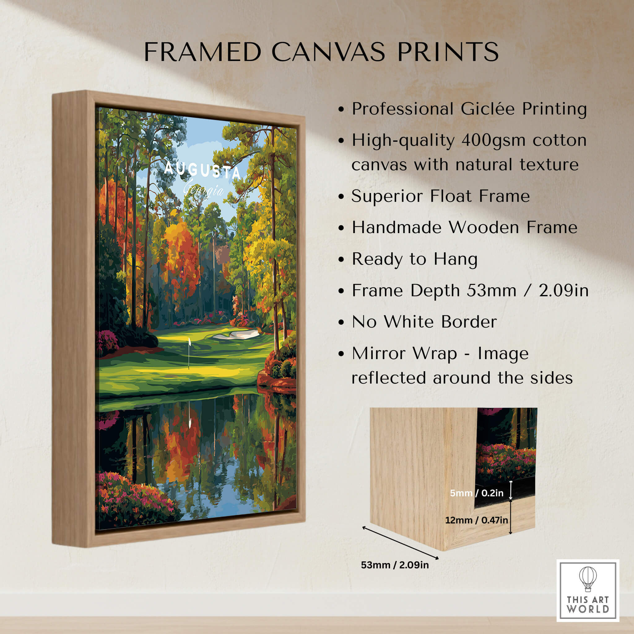 Augusta National Golf Poster - The Masters Golf Wall Art framed canvas print showcasing scenic golf course landscape.