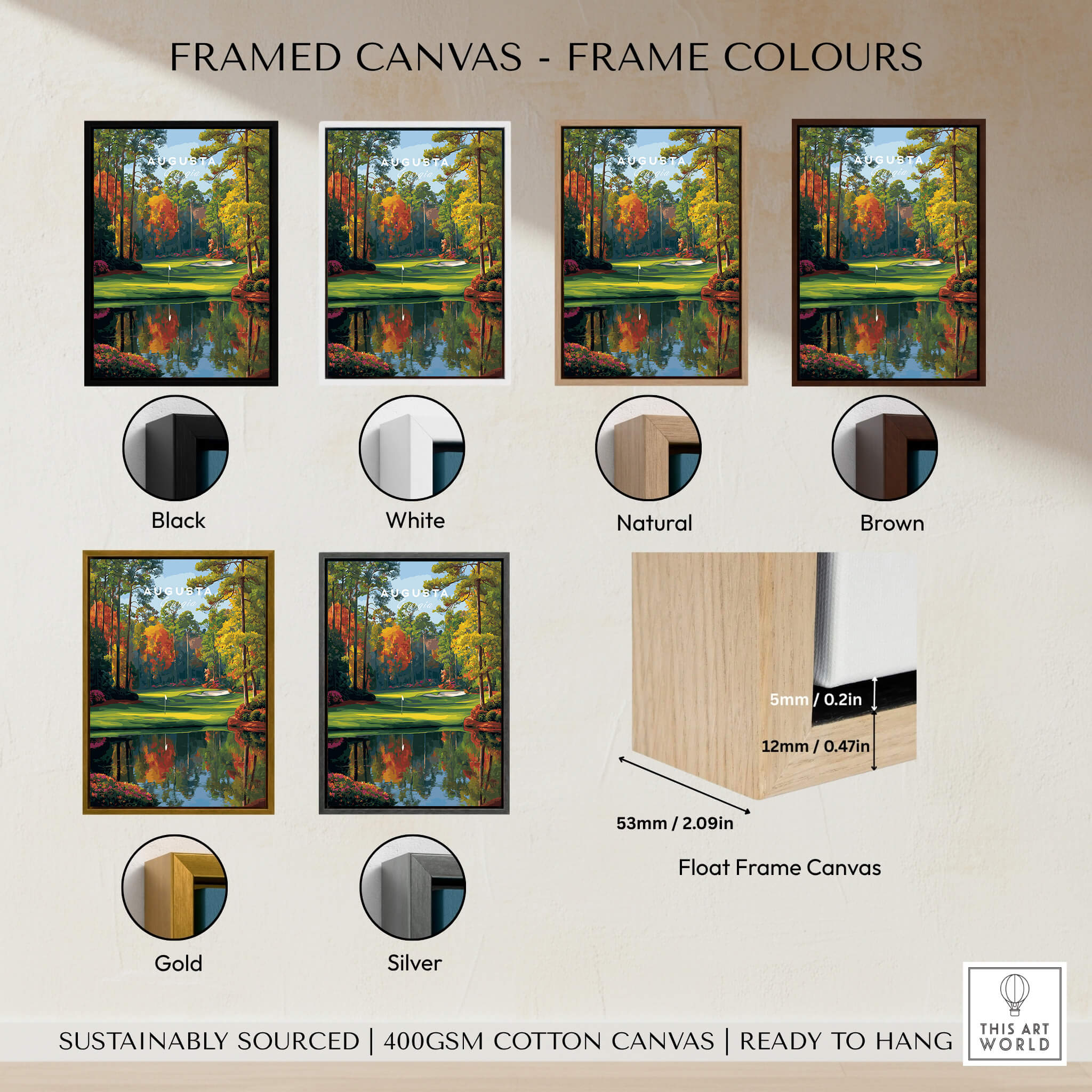 Framed canvas options showcasing different frame colours for art prints, including Black, White, Natural, Brown, Gold, and Silver.