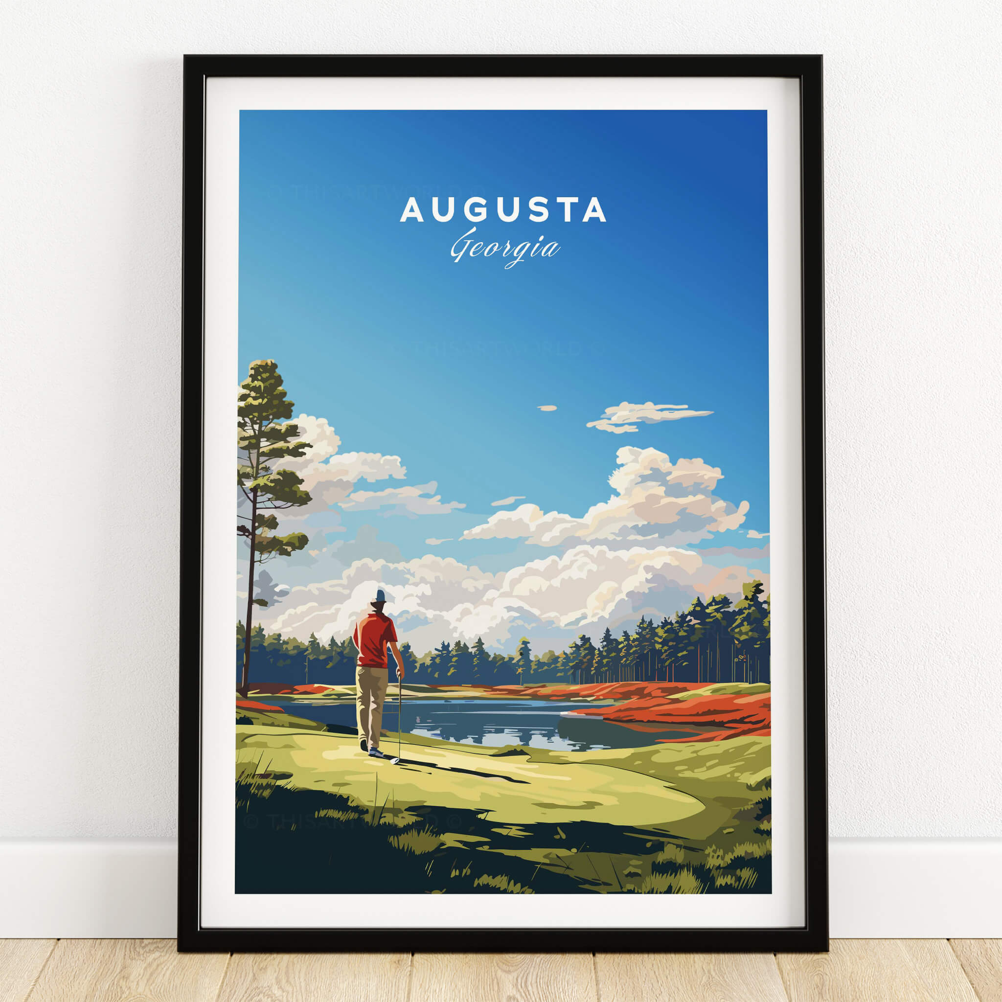 Augusta National Golf Print - The Masters Golf Poster depicting a golfer at Augusta National, showcasing its beauty.