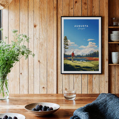 Augusta National Golf Print - The Masters Golf Poster displayed in a cozy interior with wood accents and elegant decor.