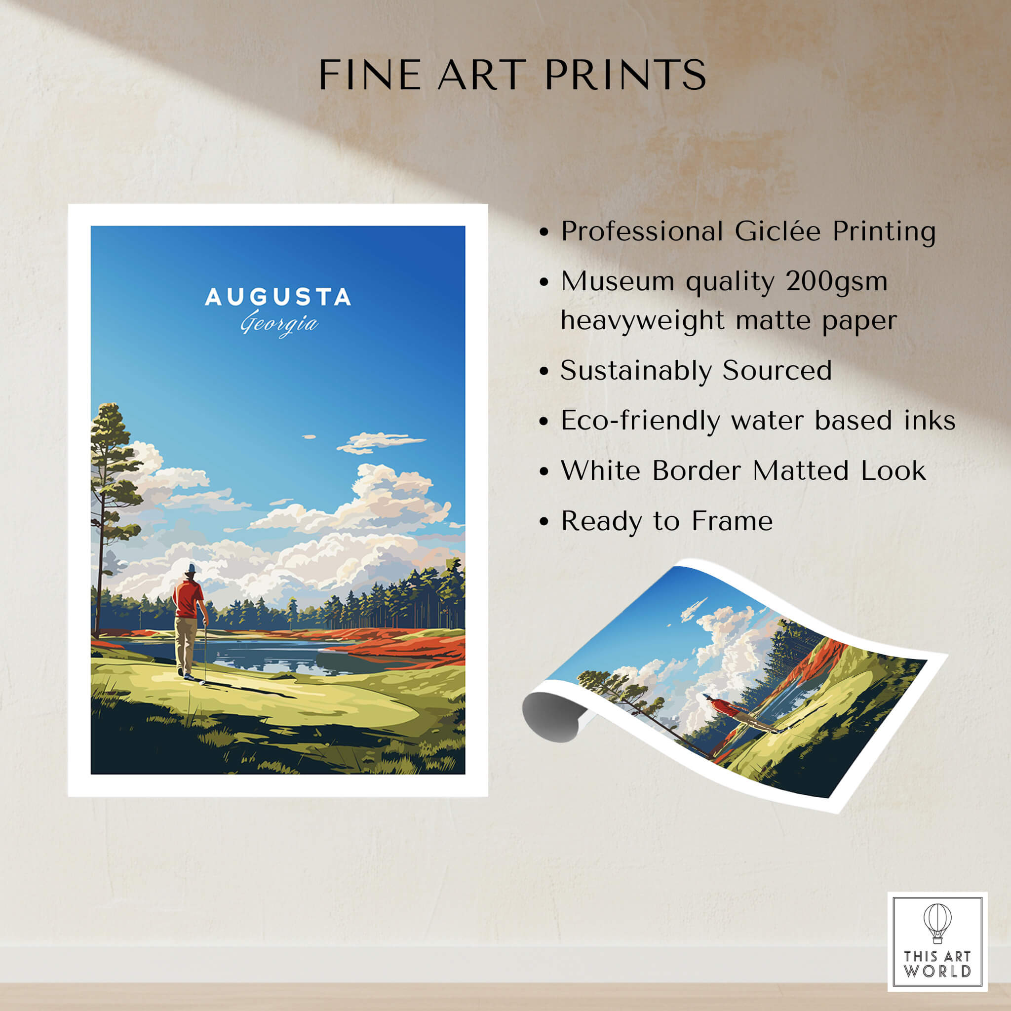 Augusta National Golf Print - The Masters Golf Poster showcasing a scenic view of Augusta, Georgia with a golfer on the course.