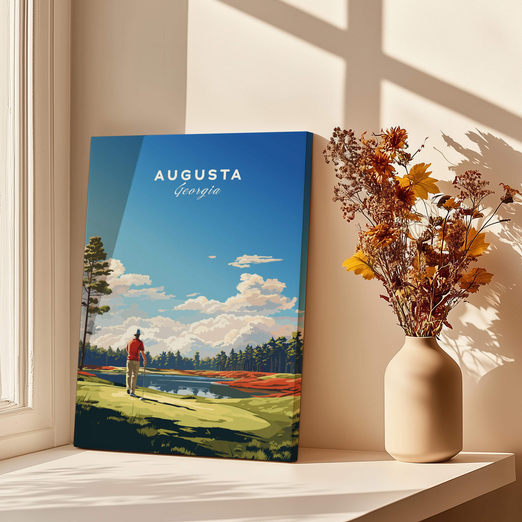 Augusta National Golf Print - The Masters Golf Poster displayed by a window with flowers.