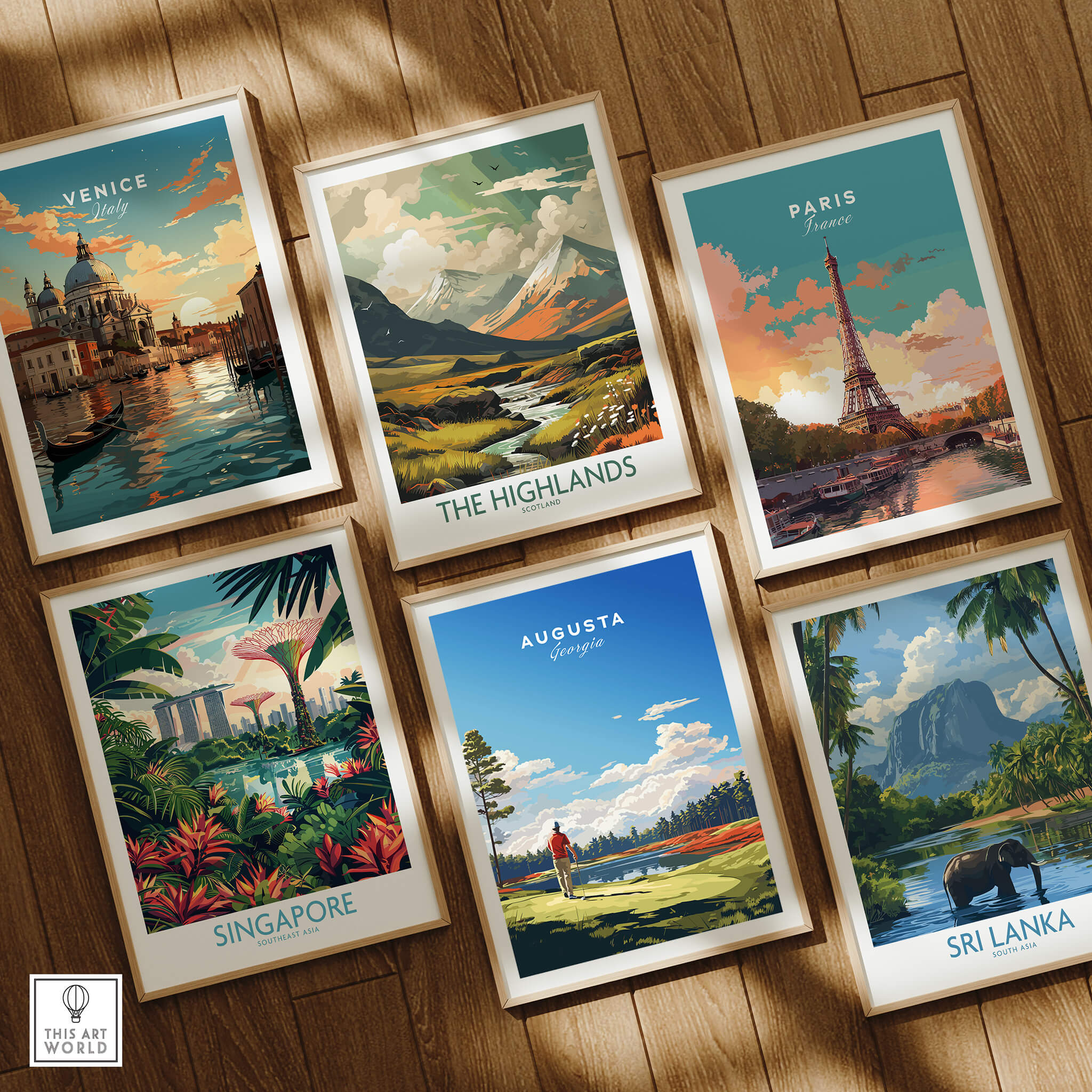 Augusta National Golf Print - The Masters Golf Poster among travel posters in a stylish display