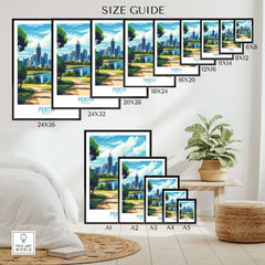 Australian Cityscape Art - Perth Print, Landmark Poster Size Guide showcasing various print dimensions.