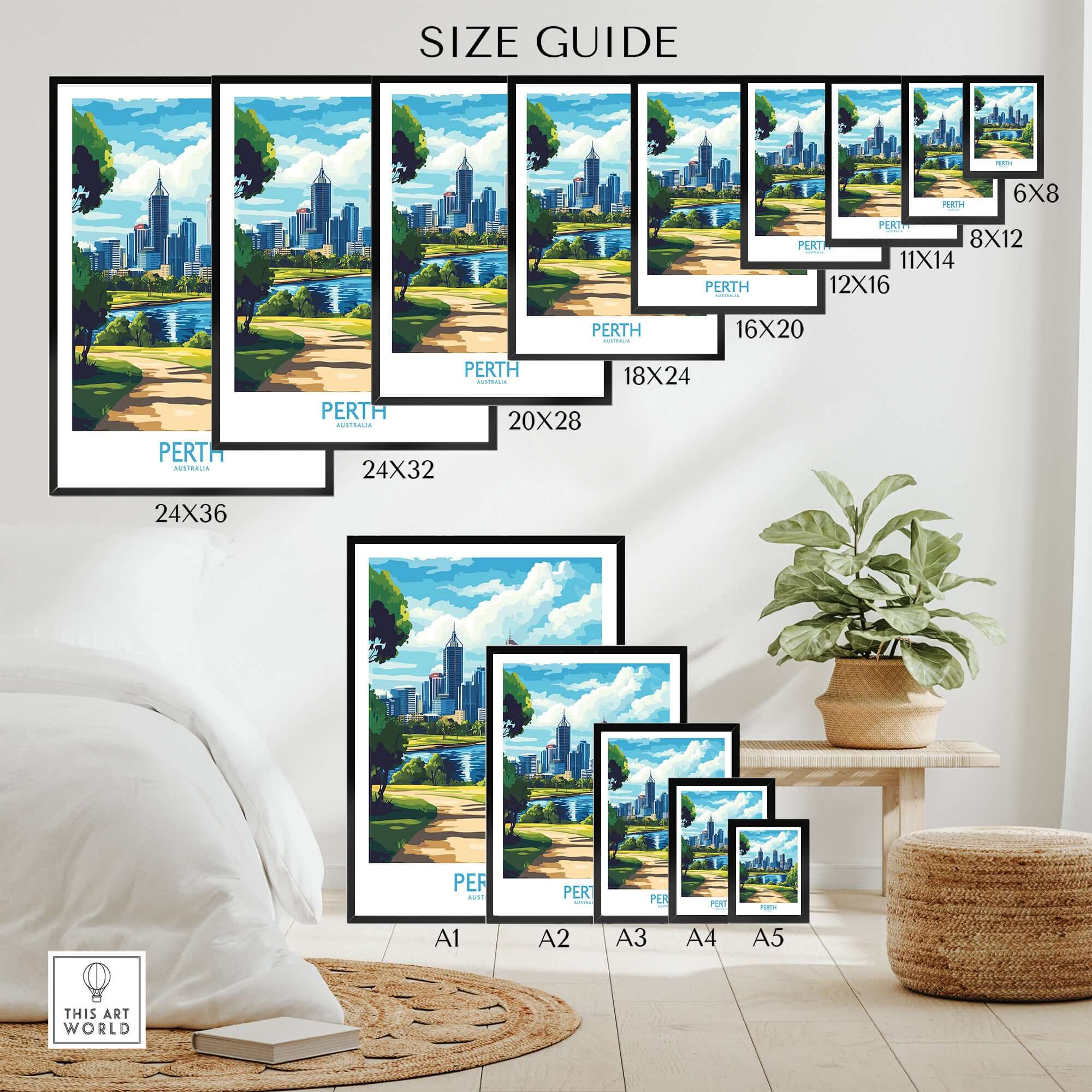 Australian Cityscape Art - Perth Print, Landmark Poster Size Guide showcasing various print dimensions.