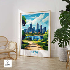 Australian Cityscape Art - Perth Print, Landmark Poster displayed in stylish home decor.