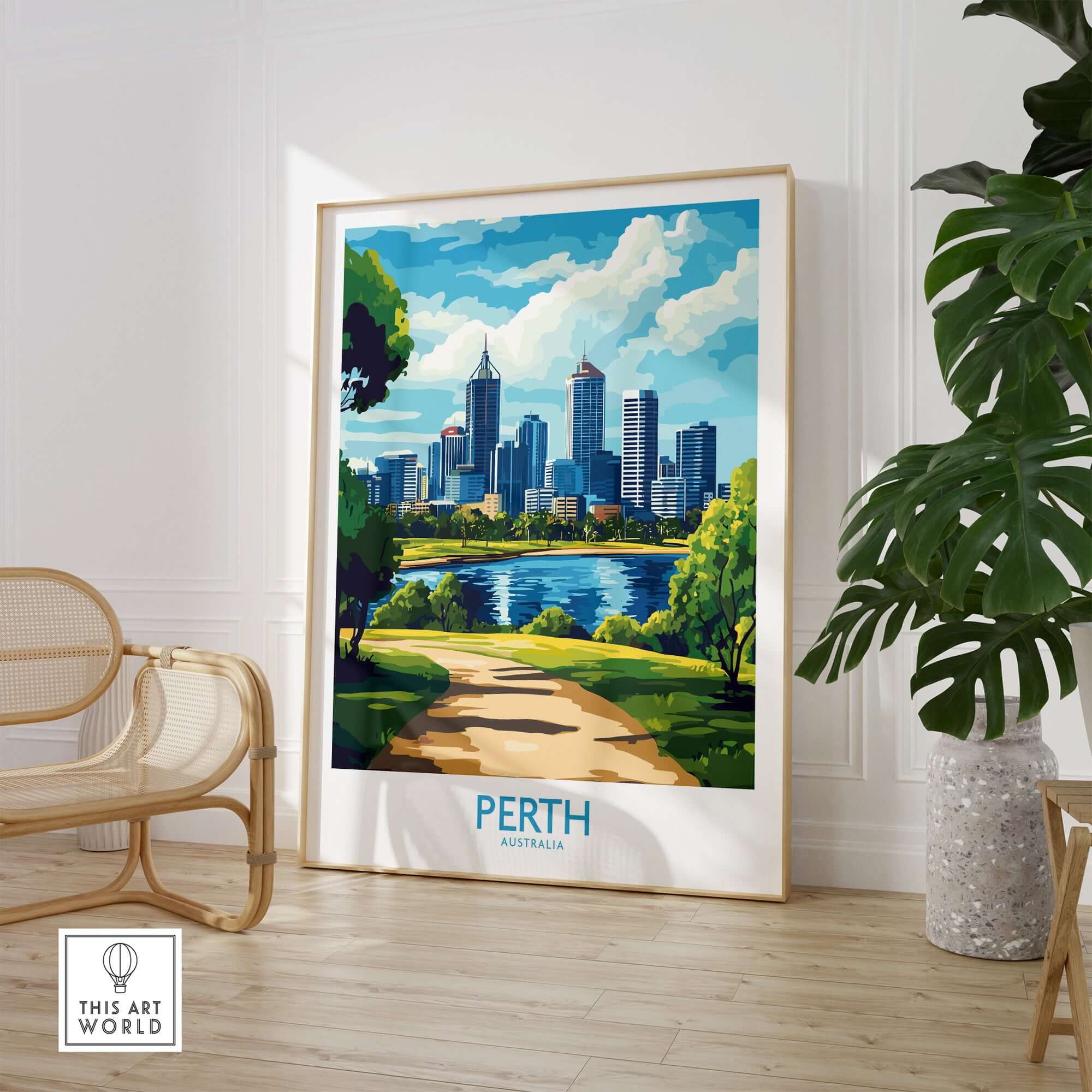 Australian Cityscape Art - Perth Print, Landmark Poster displayed in stylish home decor.