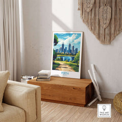 Australian Cityscape Art - Perth Print, Landmark Poster displayed in a stylish home setting with natural light.