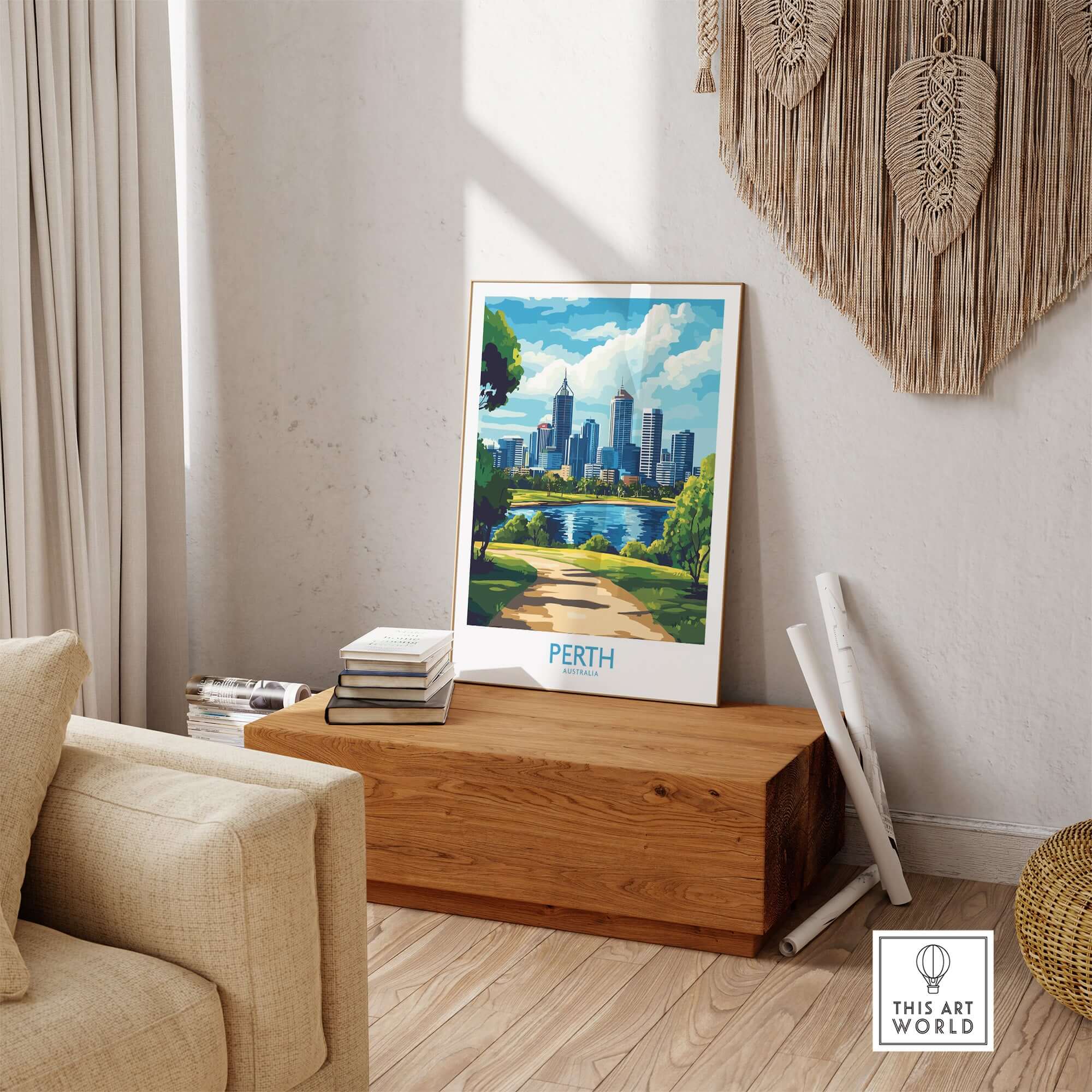 Australian Cityscape Art - Perth Print, Landmark Poster displayed in a stylish home setting with natural light.