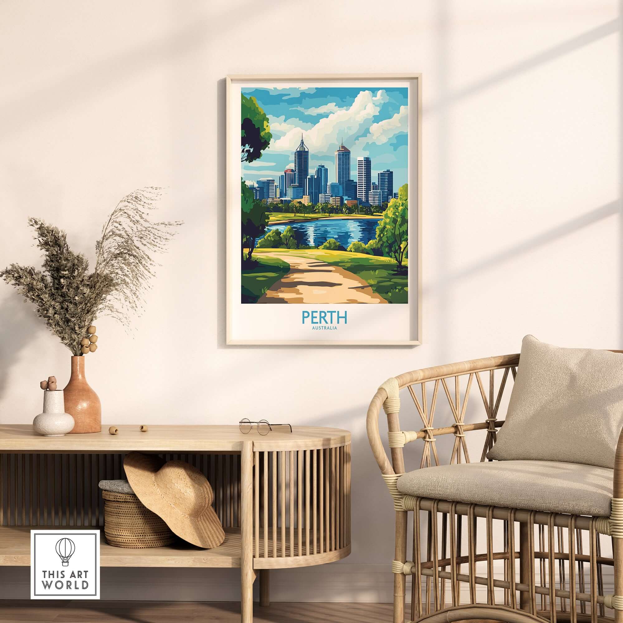 Australian Cityscape Art - Perth Print, Landmark Poster displayed in a stylish interior featuring Perth's skyline.