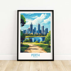 Australian Cityscape Art - Perth Print, Landmark Poster featuring a vibrant skyline and lush greenery.