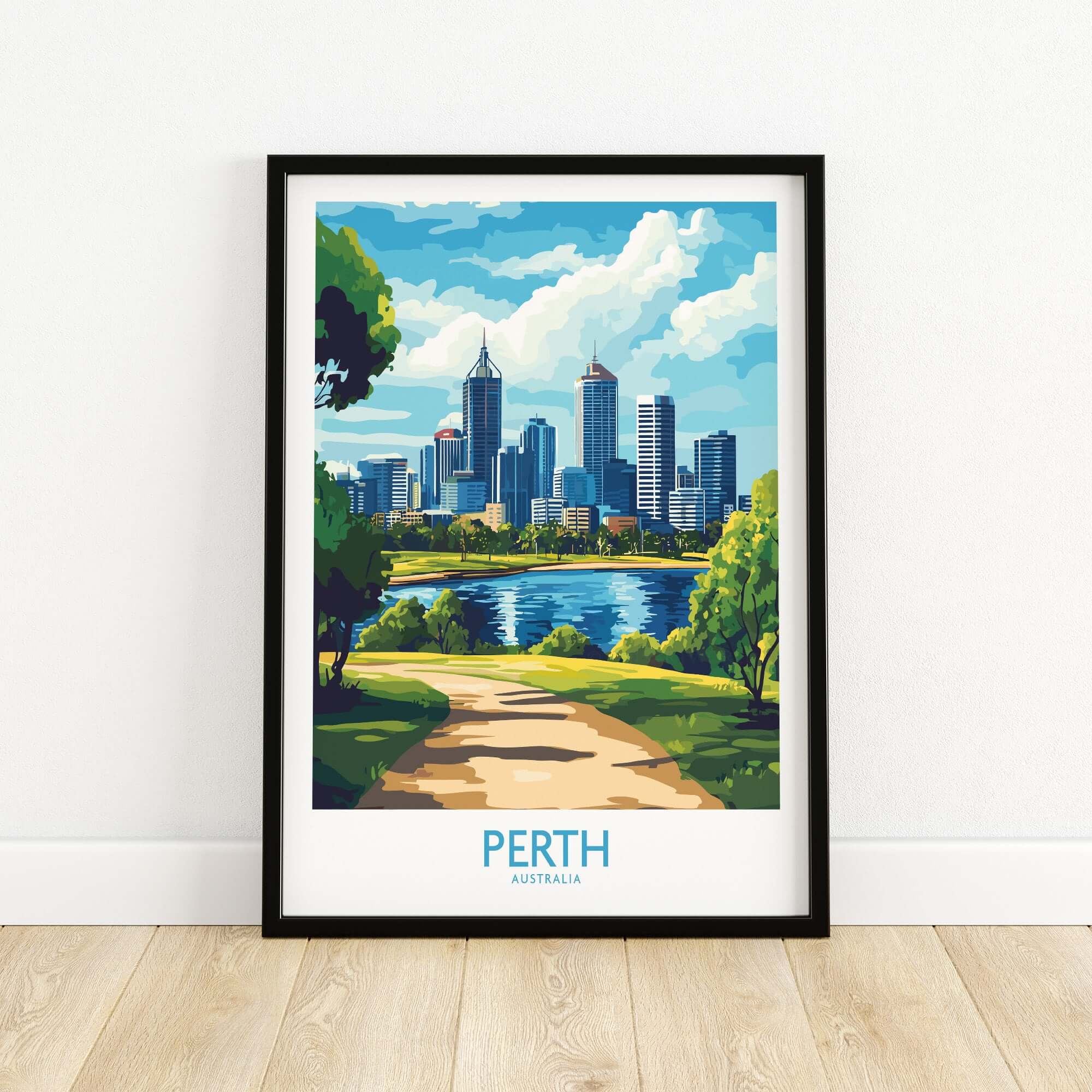 Australian Cityscape Art - Perth Print, Landmark Poster featuring a vibrant skyline and lush greenery.