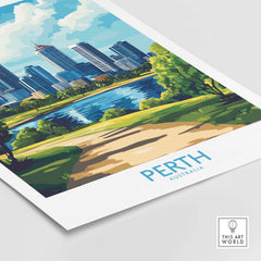 Australian Cityscape Art - Perth Print, Landmark Poster featuring a vibrant illustration of Perth skyline and park.