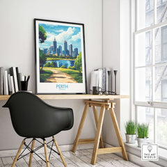 Australian Cityscape Art - Perth Print, Landmark Poster showcasing a vibrant city skyline in a modern home office.