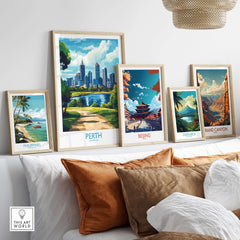Australian Cityscape Art - Perth Print, Landmark Poster featuring a collection of framed cityscape artwork.
