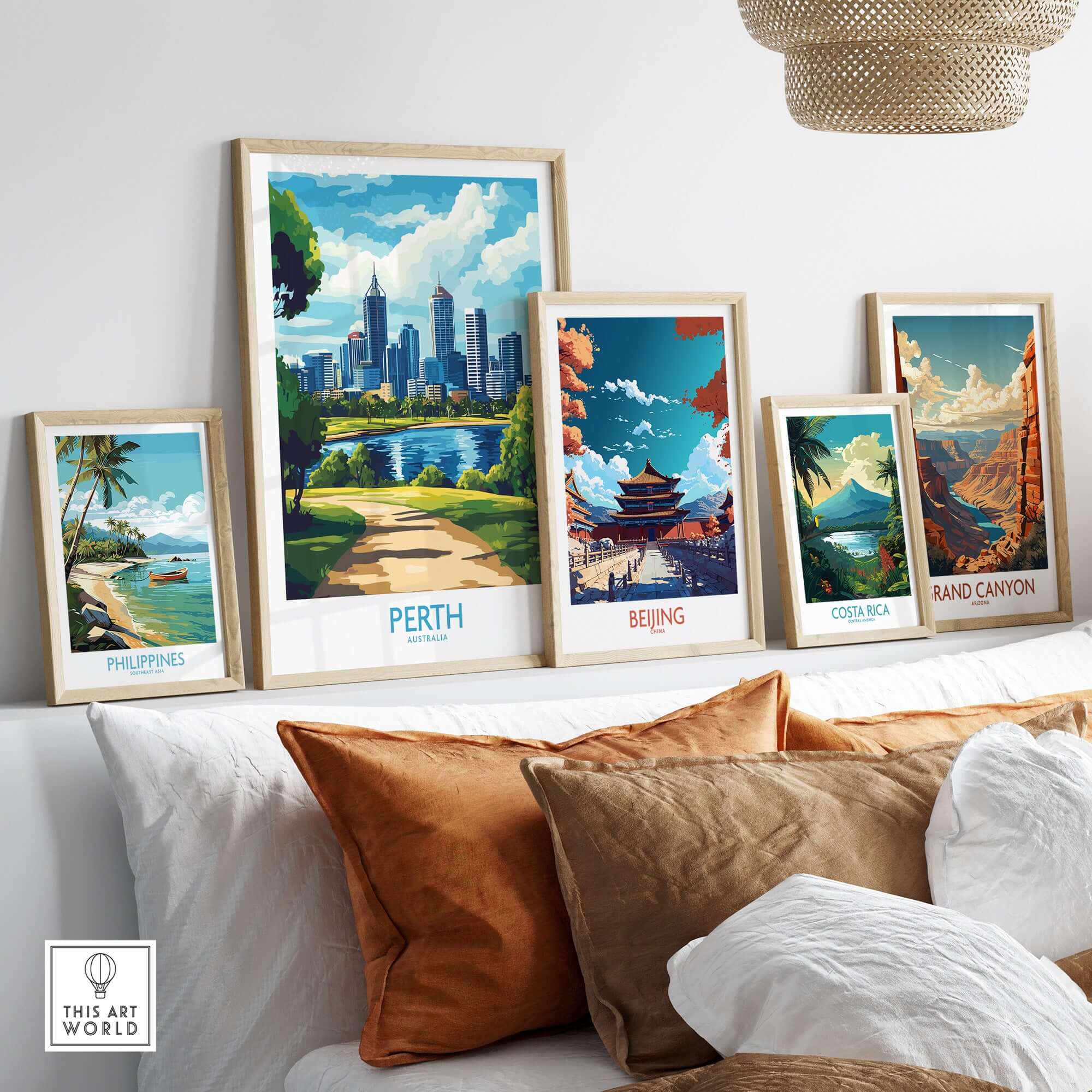 Australian Cityscape Art - Perth Print, Landmark Poster featuring a collection of framed cityscape artwork.