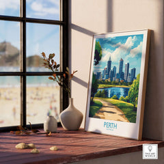 Australian Cityscape Art - Perth Print, Landmark Poster featuring a vibrant skyline view from a cozy interior.