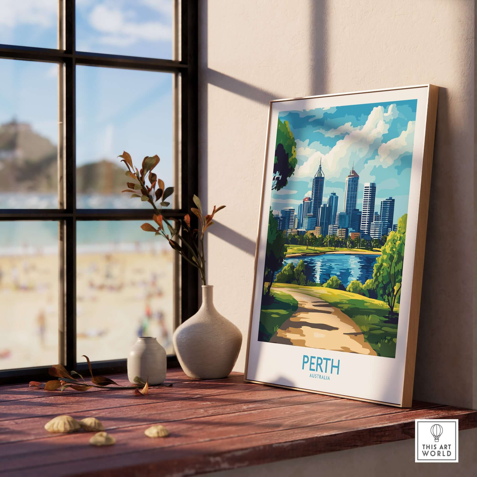 Australian Cityscape Art - Perth Print, Landmark Poster featuring a vibrant skyline view from a cozy interior.