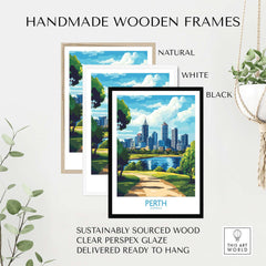Australian Cityscape Art - Perth Print, Landmark Poster in handmade wooden frames.