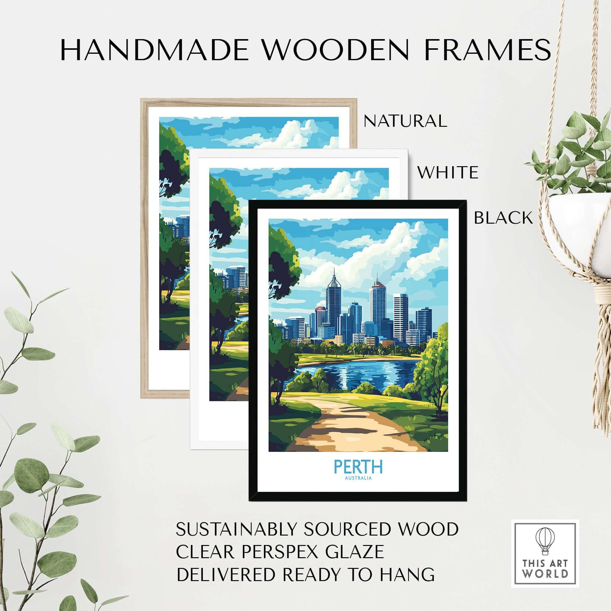 Australian Cityscape Art - Perth Print, Landmark Poster in handmade wooden frames.