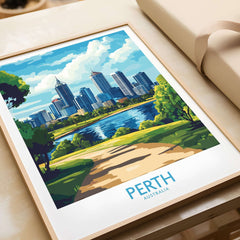 Australian Cityscape Art - Perth Print, Landmark Poster featuring Perth skyline and lush greenery.