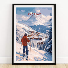 Avoriaz Portes du Soleil Slopes Ski Print | French Alps Wall Decor featuring a skier overlooking snowy landscape.