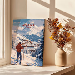 Avoriaz Portes du Soleil Slopes Ski Print | French Alps Wall Decor in cozy interior with flowers and sunlight.