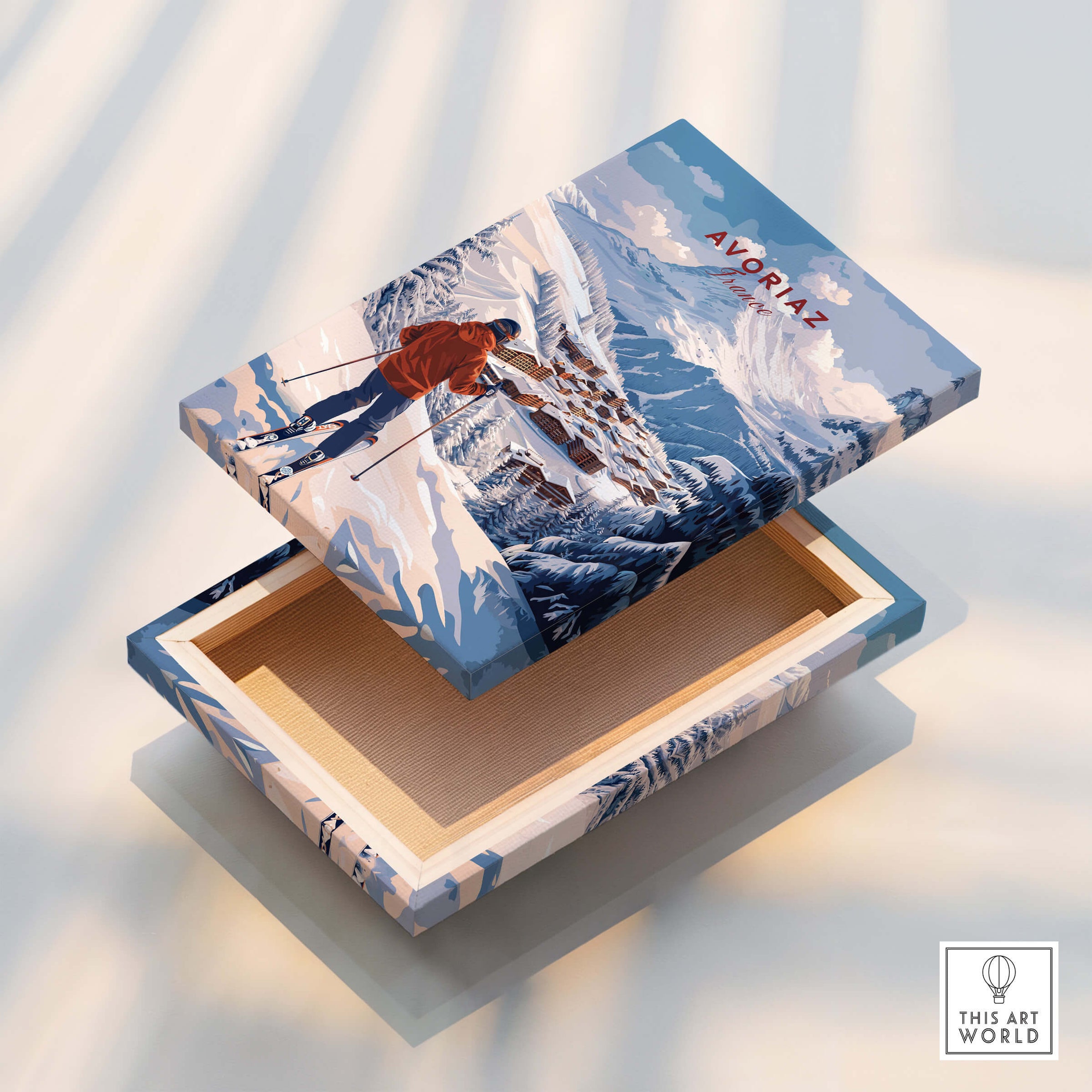 Avoriaz Portes du Soleil Slopes Ski Print | French Alps Wall Decor on a decorative wooden box.