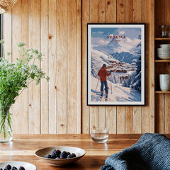 Avoriaz Portes du Soleil Slopes Ski Print | French Alps Wall Decor displayed in a cozy wooden room with decor elements.