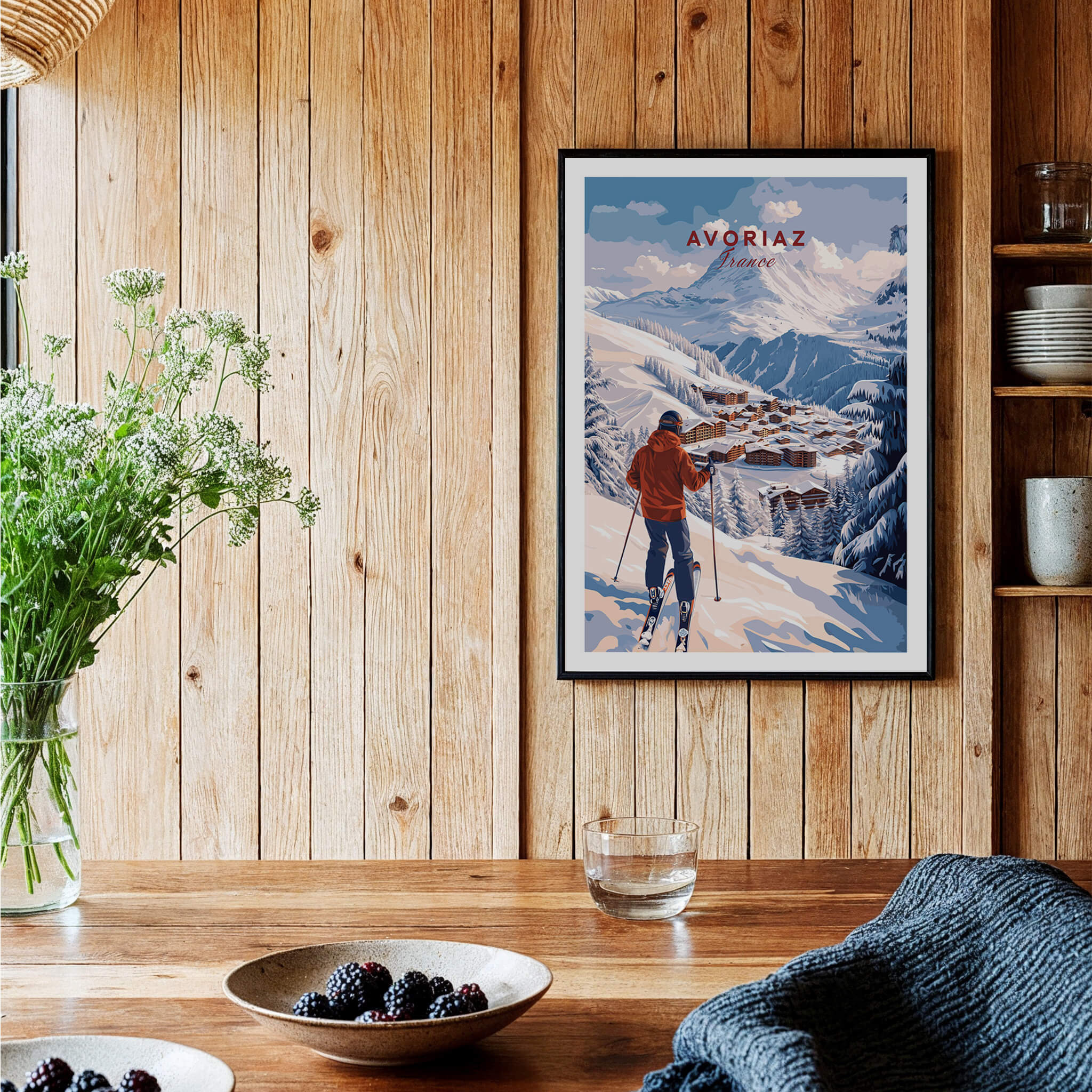 Avoriaz Portes du Soleil Slopes Ski Print | French Alps Wall Decor displayed in a cozy wooden room with decor elements.